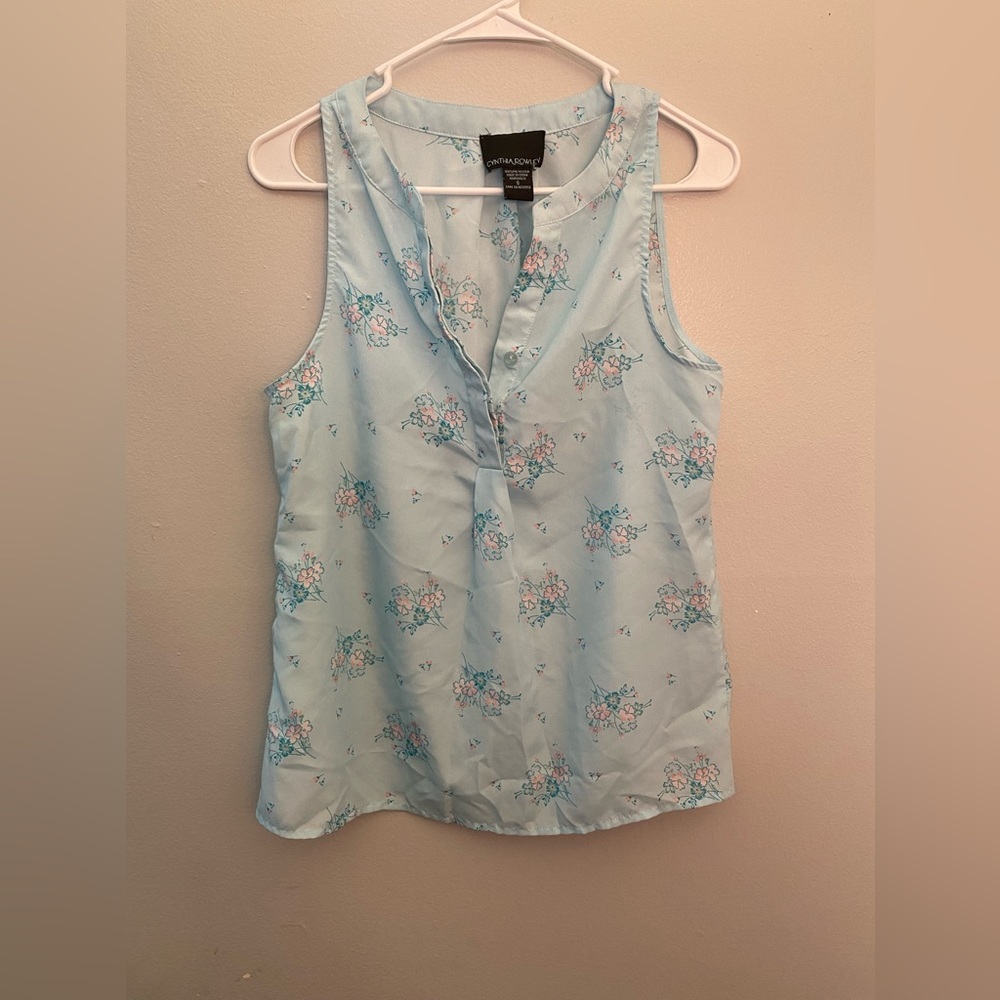 Cynthia Rowley Sheer Blue Floral Blouse Top Small